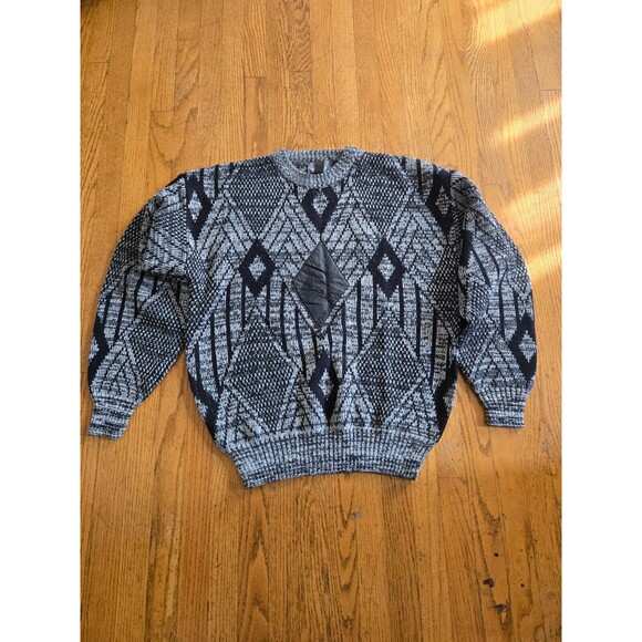 Vintage Sir Williams Mens Geometric Print with Leather Trim Sweater Size Medium - Picture 1 of 7
